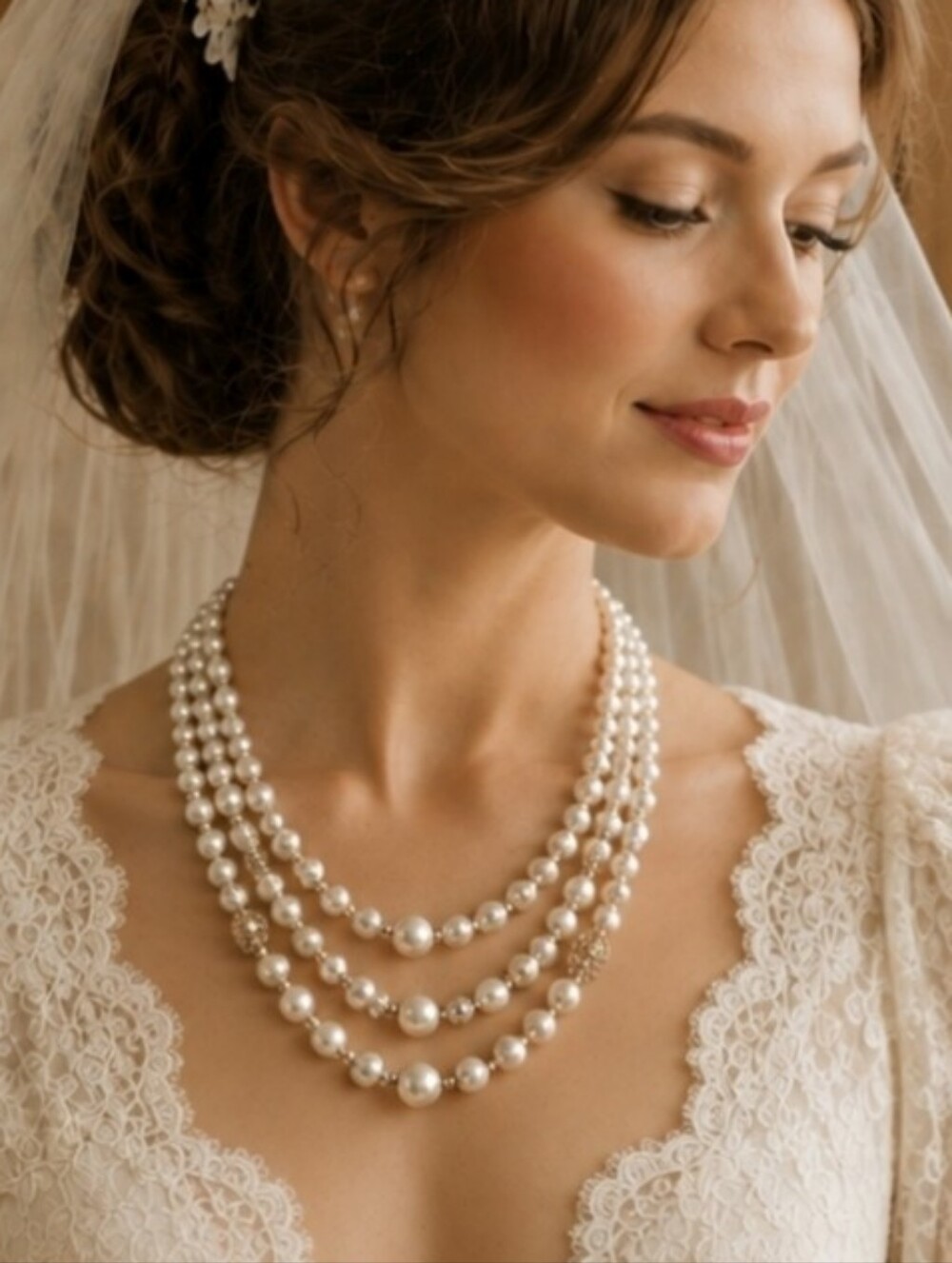 Three 3 Strand Faux Pearl Gold Tone Collar Necklace Clear AB Beads Japan Clasp